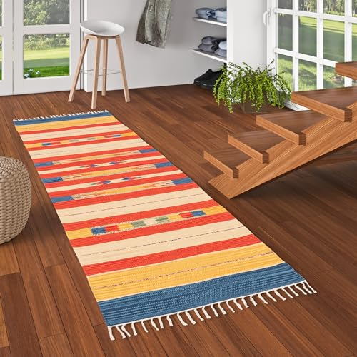 Pergamon Baumwolle Natur Kelim Teppich Läufer für Flur und Küche Lina Rot Gelb Stripes