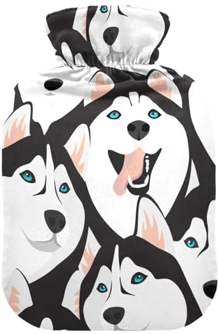 Husky Dogs Wärmflasche mit Bezug, Wärmflaschen zur Schmerzlinderung, Warmwasserbeutel, Füße und Bettwärmer für Wärme- und Kältetherapie, 1L