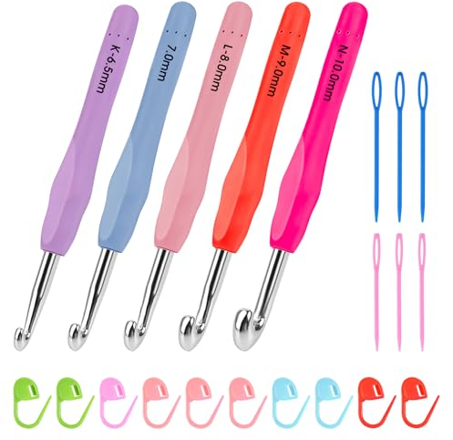 21 Stück Häkelnadel Set Größe 6,5 mm 7,0 mm 8,0 mm 9,0 mm 10,0 mm Ergonomische Stricken Nadeln mit weichen Griffen Aluminium Häkelnadeln mit Stichmarker und Nadeln für Anfänger