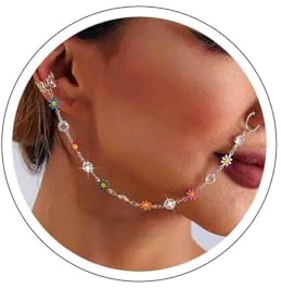Atentuyi Boho Nasenring Kette Zum Ohr Gold Baumeln Nase Hoop Punk Septum Kristall Nase Kein Piercing Cz Tropfen Quaste Regenbogen Blume Manschette Ohrringe Indischen Nasenloch Für Frauen Und Mädchen