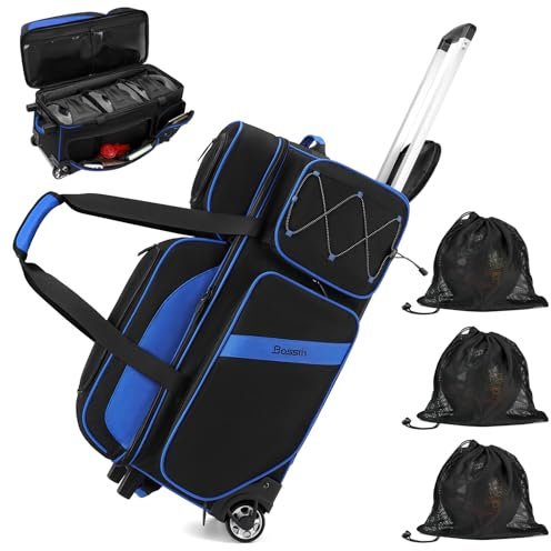 BOSSTIN 3 Ball Bowling Bags with Wheels, Secure Adhesive Fixed Ball Cup & Shoe Compartment (Fits Up to Size 16),Bowling Ball Bag 3 Ball Roller with Multi-Pockets (Blue)