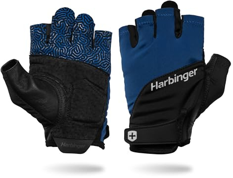 Harbinger Training Grip Gloves 3.0 – Durable, Padded Leather Palm, Enhanced Grip, Breathable 4-Way Stretch Lycra, Adjustable Hook-and-Loop Closure, Quick Removal Tabs, Weightlifting, Blue, Medium