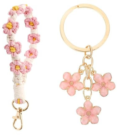 Nuluxi 2 Stück Blume Schlüsselanhänger, Boho Band Makramee Schlüsselband Kurz, Mädchen Geschenk für Frauen (Rosa)