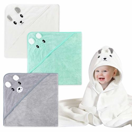 Dafencar Toalla Bebé Recien Nacido, 3 Piezas 80 * 80cm Toalla Bebé, Capa de Baño Bebé, con Capucha, Felpa de Coral, Suave y Súper Absorbente, Lavable a Máquina, Accesorios Baño Bebé Recien Nacido