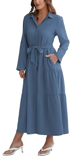 Theenkoln Tshirt Kleid Damen Lang: Frühling Herbstkleid Winterkleid Mode Sommerkleid Wickelkleid Business Blusenkleid Hemdkleid Tasche Midikleid 3/4 Arm Gürtel Knopf Maxikleid Grau Blau L