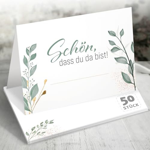 Funke & Brand Tischkarten Floral Grün mit Goldakzenten, 50 Stück – Schön, dass du da bist! Ideal für Hochzeiten und besondere Anlässe