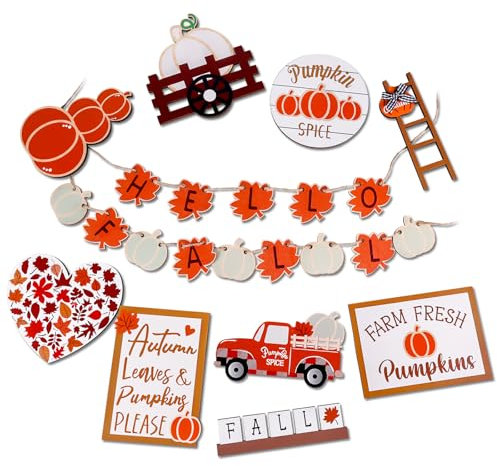 23pcs Fall Tiered Tray Decors Set, Autumn Table Harvest Decorative Truck Maple Pumpkin Wood Sign Wooden Rustic Farmhouse Tray Stand Tabletop Decoration for Home Thanksgiving Holiday