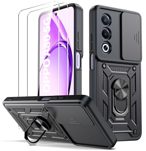 Oududianzi - Cover per Oppo A80 5G Custodia,[2 Pellicola Vetro Temperato] con Coperchio Scorrevole della Fotocamera, 360 ° staffa girevole e manicotto protettivo in silicone TPU - Nero