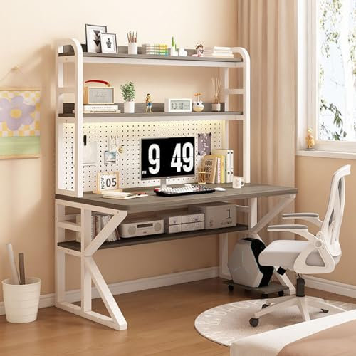 Bureau de Jeu avec Panneau perforé, Bureau de Jeu Industriel pour PC avec étagères de Rangement, Grande Table de Travail d'étude et d'écriture pour Bureau à Domicile (120 x 60 x 171 cm, Gris