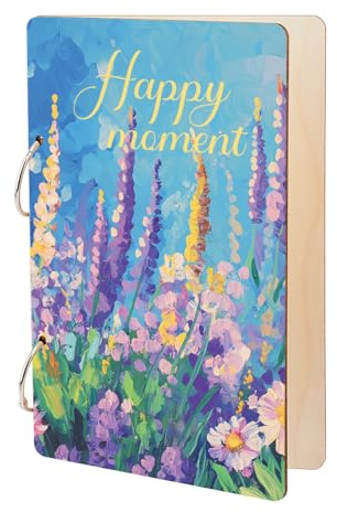 SUPERDANT Carpeta de madera para tarjetas de felicitación, galería de tarjetas postales, álbum de fotos, 2 anillos, cubierta, pintura al óleo, flores, libro de guardián, soporte de vacaciones, regalo