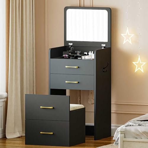 Gurexl 3 in 1 Schminktisch Mit Spiegel, 3 Schubladen Und Gepolstertem Hocker - Schwarz Frisierkommode Für Schlafzimmer
