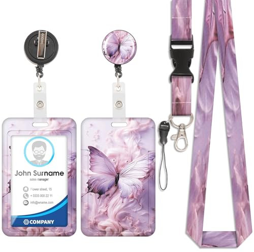 Lila Schmetterling Kartenhalter, ID-Ausweis, abnehmbares Schlüsselband mit einziehbarem Clip für Schlüsselanhänger, Visitenkarten, Türkarten, ID-Karten