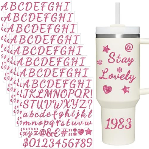 8 Sheets Glitter Letter Stickers for Cup, Alphabet Name Stickers for Water Bottles,Vinyl Waterproof Personalized Letter Number Name Tags Logo Sticker for Scrapbooking Tumbler Accessories(Pink)