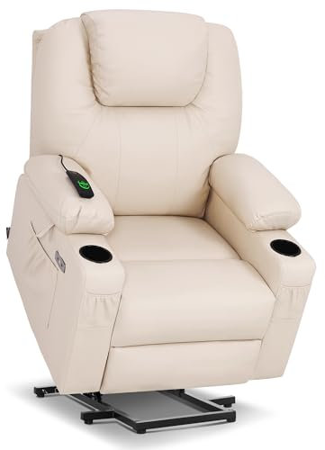 MCombo Riser and Recliner Chairs for Elderly, Electric Power Lift Chairs for Living Room, Cream Lift Armchair with Heat & Massage, Extended Footrest, USB Ports, Faux Leather 7040 (Cream White, Medium)