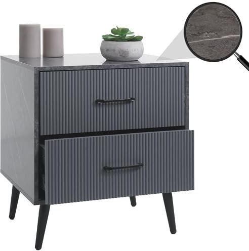 Mendler Nachttisch HWC-N89, Kommode Beistelltisch Nachtschrank, 3D-Design Schublade Melamin Holz, 55x48x41cm - Marmor-Optik grau