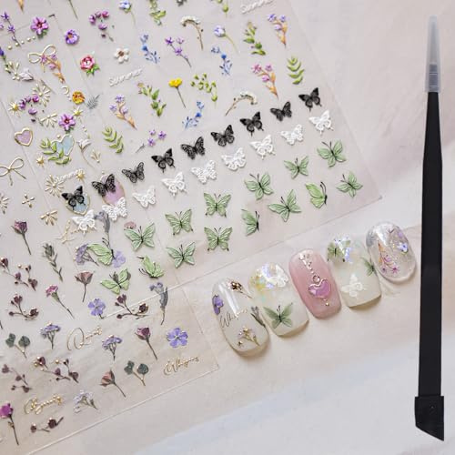 Picksweet Flower Nail Stickers for Nail Art Decals Charms,5D Embossed Floral Butterfly and Heart Gem, Self-Adhesive 5 Styles Craft Nail Supplies 2 Sheets with Tweezers Kit for Women Decoration