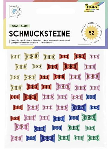 folia 12317 - Schmucksteine BOWS BASIC, 52 schleifenförmige Glitzersteine in 5 Farben, Aufkleber in 3 Größen, selbstklebend, zum Verzieren und Dekorieren