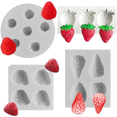 4 PCS Strawberry Silicone Mold 3D Strawberries Fondant Mould Strawberry Theme Fondant Mold Setfor Cake Decoration Cupcake Topper Chocolate Candy Making Crafting Polymer Clay