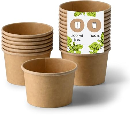 BIOZOYG Bol à soupe 100 pièce 200 ml / 8 oz, Ø 90 mm, marron - Bol carton, gobelet kraft - Recipient soupe - Coupelle aperitif, contenant soupe, assiette à soupe, pasta box