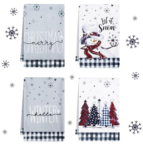 Fantasyon 4er Set Geschirrtücher Weihnachten, 40x60 cm Weihnachtsdeko Innen Geschirrtücher Küchentücher Baumwolle Büffelkaro Schneemann Bäume Weihnachtsdeko Innen Tisch, Schwarz-Weiß