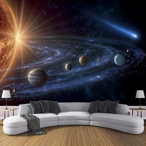 Fototapete 3D Effekt Sonnensystem Planeten Dekoration Wandbild, Raum Universum Vlies Tapete 200×140cm(W×H) Wandtapeten,220g/m2 Fototapete Moderne XL Panorama Wanddeko Blau