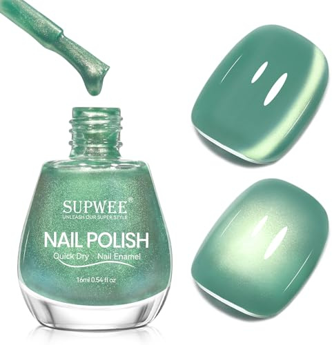 SUPWEE Cat Eye Nail Polish Non Gel, 16ml Quick Dry Magnetic Nail Polish | Glassy Glossy Green Cats Eye Lacquer Air Fast Drying Nails Varnish Art Salon Home Gift for Women