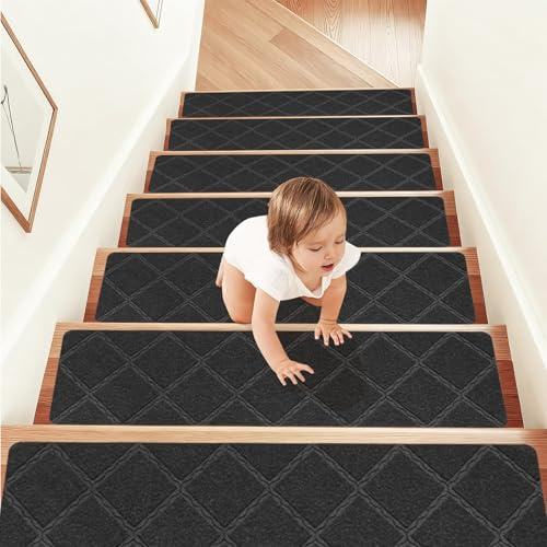 15 Stück Stufenmatten Selbstklebend, Treppenstufen Matten Rutschfest, Selbstklebend, Stufenmatten für Innenbereich, Treppenstufen Teppich für Kinder, Ältere & Haustiere (Schwarz-B, 76x20cm)