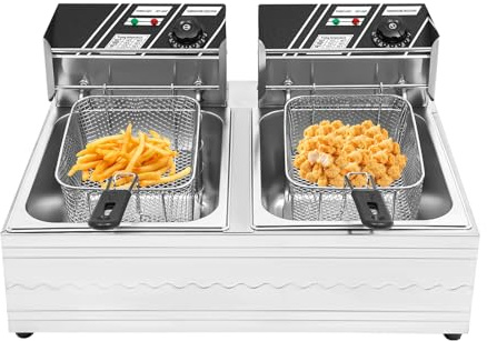 Freidora de aceite de 6 l de acero inoxidable, 2500 W, con ajuste de temperatura continuo (60-200 ℃), resistencia al agua IPX3, para hacer patatas fritas, pollo asado (doble)