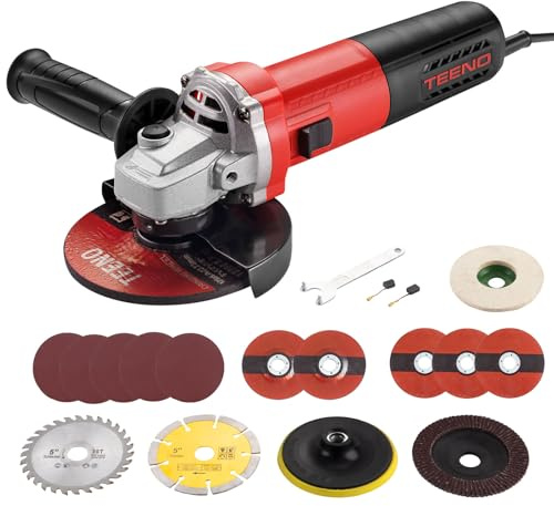 TEENO Winkelschleifer 1000W 2000-12000 U/min Mit 20 Zubehörteilen, Profi-Winkelschleifer Mit Werkzeugtasche,125mm Scheiben, Zum Trennen und Schleifen, Polieren, Metall, Holz, Keramik, Stein