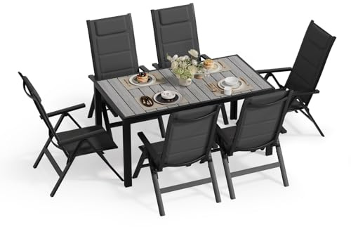 JUMMICO Gartenmöbel Set, 4 stühle Klappbar mit 1 Tisch, 5-Fach Verstellbarer Aluminium Sessel und Einer Tischplatte in Holzoptik, Wetterfestes Terrassenmöbel für Balkon und Garten