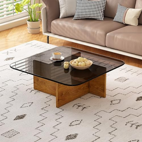 QIUHTR Mesa De Centro Cuadrada De Vidrio Templado,Mesa Baja Moderna Minimalista,Mesa Central para Sala De Estar,Dormitorio,Balcón,Apartamento,Oficina,Zona De Recepción(Gray+Oak,80 * 80 * 35cm)