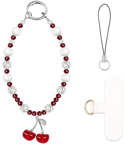 HONZUEN Correa de Mano para Móvil con Perlas Cereza Rojo Oscuro | Perlas decorativas • Cereza rojo oscuro • Correa anticaídas • Para móvil llaves bolsos • Uso diario
