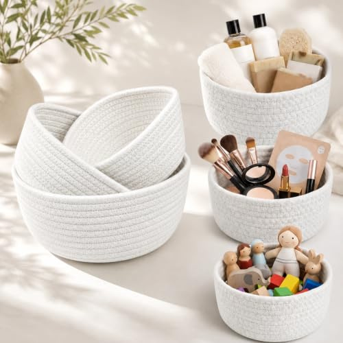 MUFANSU 3er Set Aufbewahrungskorb Geflochten Baumwollseil Runde Stapelbare Körbe in 3 Größen Weiß Handgefertigter Regalkorb für Wohnzimmer Bad Organizer für Spielzeug Snacks Kosmetik