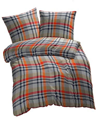 ETÉREA Flanell Bettwäsche 200x220cm + 2X 80x80-100% Baumwolle - Bettbezug Urban Flausch Kariert - Bettwäsche Set mit Kissen 200x220 Bettbezug + 2X 80x80 Kissenbezug 3teilig - Made in Green - Orange