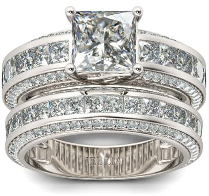Jeulia 2,85 carats en argent sterling coupe princesse ensemble de mariée bagues de fiançailles de mariage avec zircone cubique pour femme avec boîte-cadeau de bijoux (52（16.5）)
