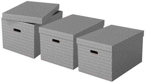 Esselte 3er Set große Aufbewahrungs- & Geschenkboxen mit Deckel, Schachteln für Wohnung/Büro & Organisationszwecke, 100% recycelter Karton, 100% recycelbar, geometrische Designs, Grau, 628287