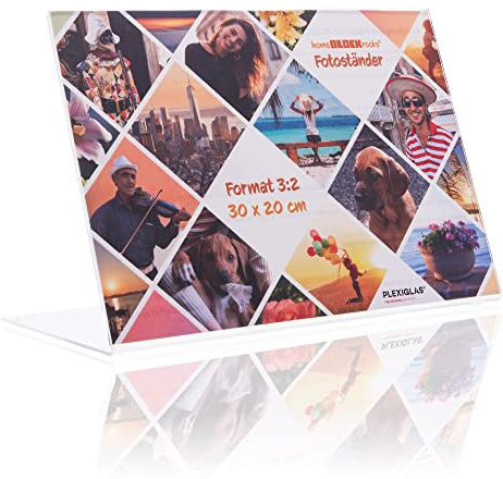 Fotoständer (Bilderrahmen) im Foto-Format 30 x 20 cm Fotoaufsteller als glasklarer Bilderständer, Fotorahmen, rahmenloser Bildhalter als Aufsteller aus PLEXIGLAS für ihre Lieblings-Fotos und Bilder