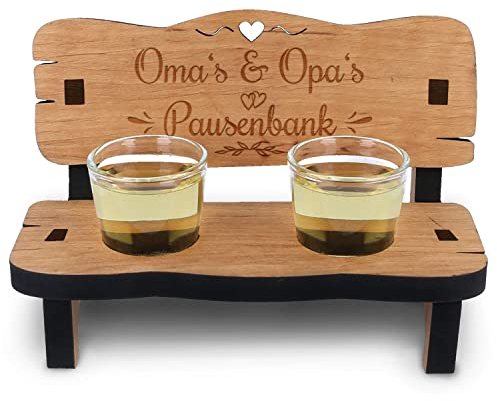 GRAVURZEILE Gravierte Schnapsbank - Oma's & Opa's Pausenbank - Gravur personalisiert mit Namen - aus MDF Holz - incl. 2X Schnapsglas - Geschenk für Oma & Opa zu Geburtstag Weihnachten