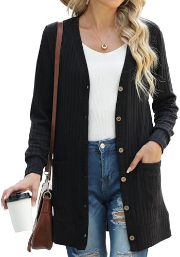 GRECERELLE Womens Cardigan Long Sleeve Open Front Cardigans Button Down V Neck Ribbed Knit Lightweight Outerwear with Pocket (Black, L)