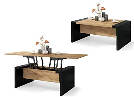 All4All Couchtisch Carlo - Kaffeetisch - Wohnzimmertisch - Sofatisch - ausklappbar - höhenverstellbar - 110x70cm - 05 - Gold Craft Eiche + Schwarz