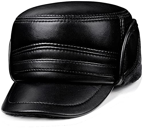 JIARY Mütze Herren,Wintermütze aus Leder mit Ohrenklappenfür,Leder Fliegermützen Mit Ohrenschutz Winter Mützen Warm Kappe,Black c,XL