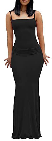 Women Sexy Low Cut Maxi Dress Sleeveless Cami Spaghetti Strap Sling Cami Bodycon Fishtail Long Dress Party Evening Maxi Dress (A-Black, XS)