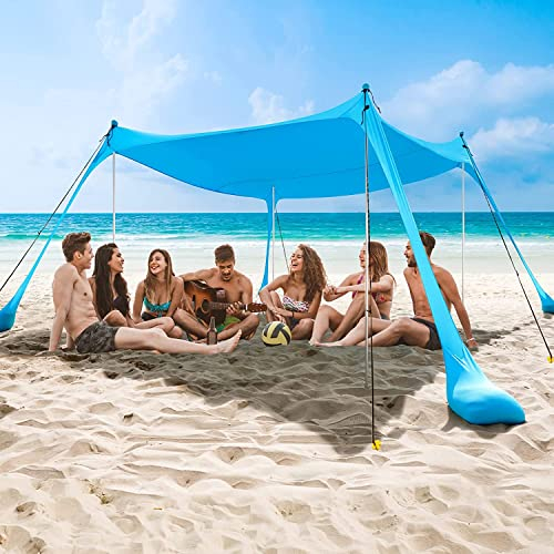 COMMOUDS Sonnenschutz Strand 3,6M x 3,6M, UPF50+ Sonnensegel Strand Strandmuschel Tragbarer Strandzelt mit 4 Aluminiumstangen und Sandsäcken, Einfacher Aufbau für Picknick, Angeln, im Freien