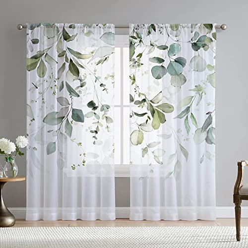 Fereyis Grüne Eukalyptusblätter Vorhänge für Wohnzimmer 213,4 cm Länge 2 Paneele Set Elegante Libelle Blumen Frühling Bedruckt Fenstervorhang Natur Durchscheinende Chiffon Vorhänge für Schlafzimmer