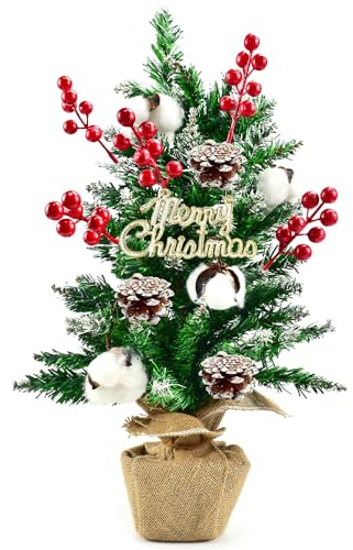Kleemeiero Mini Weihnachtsbaum 55cm Tannenbaum Künstlich Kleiner Weihnachtsbaum Dekoriert Christbaum klein künstlich geschmückt mit Kiefernzapfen Rote Beeren Baumwollblüten für Weihnachten Deko