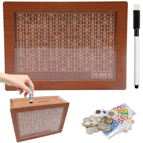 Spardose mit Zähler für 10000 Euro, Abnehmbare Markierung Holz Sparbox - Wiederverwendbare Geldkassette mit Ziel Ankreuzen