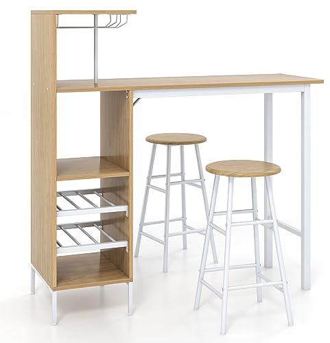 COSTWAY 3 Piece Bar Table Set, Kitchen Table and Stools with Glass Holders, Wine Racks, Storage Shelves & Adjustable Foot Pads, Counter Height Dining Table Set for Bistro Living Room (Natural)