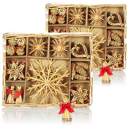 COM-FOUR® 52x Strohsterne im Mix-Set - Christbaum-Schmuck - Stroh-Anhänger für den Weihnachtsbaum - natürlicher Christbaum-Behang - Weihnachtsdekoration (52-teilig - Set1)