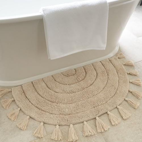 Schöner Boho-Teppich mit Quasten für Ihr Badezimmer – weiche Halbkreismatte aus 100 % Baumwolle passt perfekt in Ihr Zuhause – ein niedlicher, rutschfester und saugfähiger Häkelteppich, ideal zur