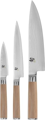 Shun Classic Blonde 3 Piece Starter Set, Includes 8 Chef, 3.5 Paring & 6 Utility Knives, Handcrafted Japanese Knife Set, Damascus Stainless Steel Cladding, Pakkawood Handle